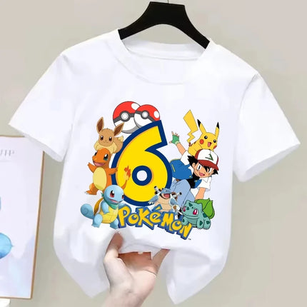 2026 Pokemons Pikachu Kids T Shirts Birthday Number 1-9 Printed T Shirt Boys Girls Summer Short Sleeves Tops Children Clothing