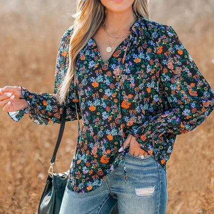 Plus Size Women's Shirt, Flower Print V-Neck, Long Sleeves with Ruffles, Casual Resort Style, Suitable for All Seasons