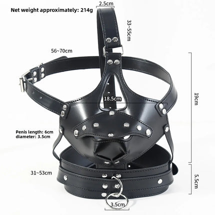 BDSM PU Leather Head Harness Hood Mask with Silicone Dildo Mouth Gag Slave Bondage Role Play Adult Sex Toy Fetish Gear Tools