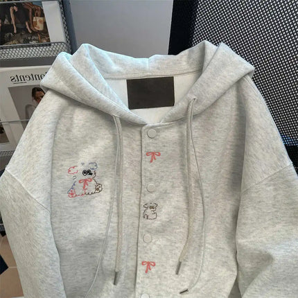 Vintage Cute Dog Print Sweatshirt Open Cardigan Men Women Autumn Loose College Style Casual Match Hat Hoodie Jacket