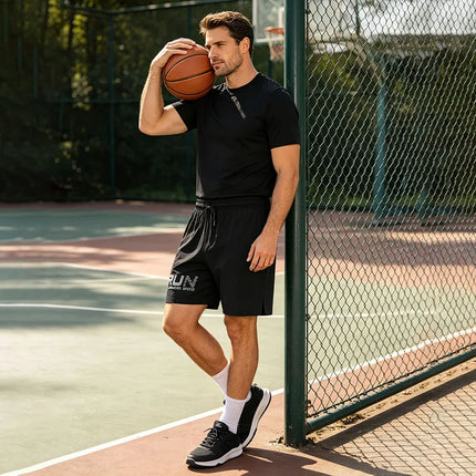 Men Thin Quick Dry Sports Running Shorts Drawstring Waist Side Split Print Gym Workout Fitness Training Walking Short Pants
