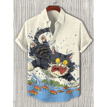 3D Printed Fun Cat Fish Hawaiian Shirt for Men Cute Animals Pattern Aloha Shirts Summer Short Sleeve Tops Street Casual Blouse