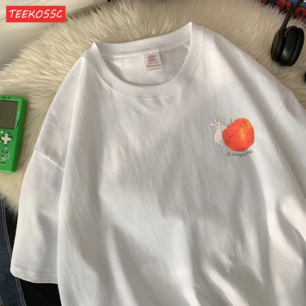 Rabbits Running Around Apples Print Men's Tees Cartoon Breathable T-Shirts Popular Comfort T-Shirt Retro Round Neck Short Sleeved