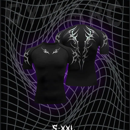 05-Men's Wing & Cross Print Compression Tight Fit Short Sleeve Sports Shirt Workout Tops Gym Compression High Stretch