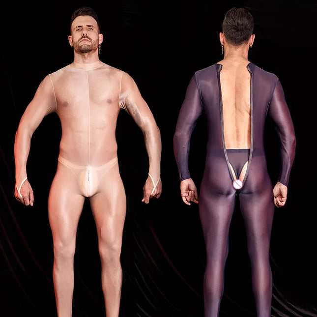 Sexy Men's Bodysuit Oil Shiny Glossy Tights Long Sleeves High Elastic Jumpsuits Exotic Leotard Thin Sheer Catsuit Body Stockings