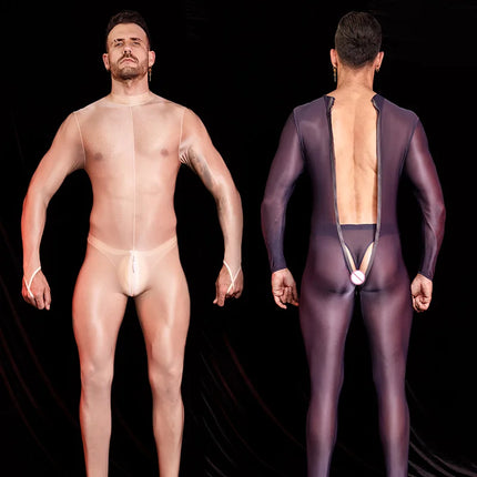 Sexy Men's Bodysuit Oil Shiny Glossy Tights Long Sleeves High Elastic Jumpsuits Exotic Leotard Thin Sheer Catsuit Body Stockings