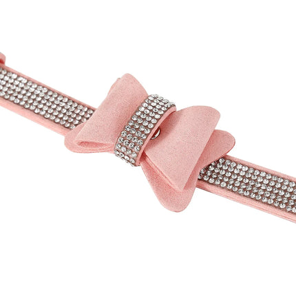 Luxury Pink Leather BDSM Set Rhinestone Bow Choker Collar with Handcuffs Ankle Cuffs Slave Role Play Fetish Gear for Women