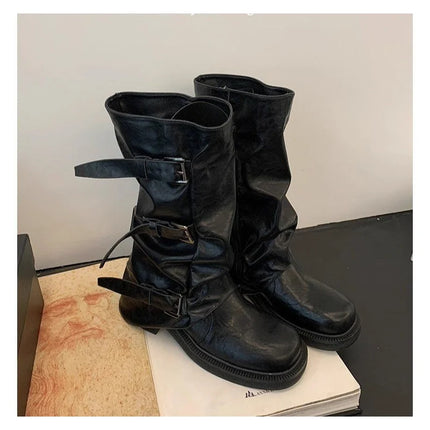 Autumn Winter Vintage Woman Knight Knee High Boots Shoes Ladies Elegant Thick Low Heel Belt Buckle Western Cowboy Botas