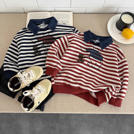 Children Polo Shirts 2025 Autumn Denim Tops for Kids Boys Striped Jumper Cartoon Girls Pullover Toddler Sweatshirts Baby Clothes