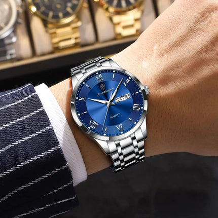POEDAGAR Luxury Man Clock Waterproof Luminous Week Date Fashion Men's Wristwatch Stainless Steel Business Quartz Watches For Men