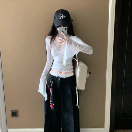 Sexy V-Neck Sheer T-Shirts Fashion Women Flare Long Sleeve Spring Lace Slim Pullovers Tops Casual Evening Party Club Chic Tees