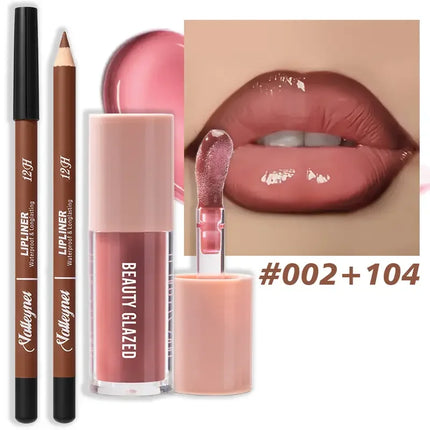 Waterproof 2Pcs Long-Lasting Matte Lip Makeup Set - Lip Liner & Glaze Combo with Pencil Texture, Red, Brown, Pink, Nude Tones