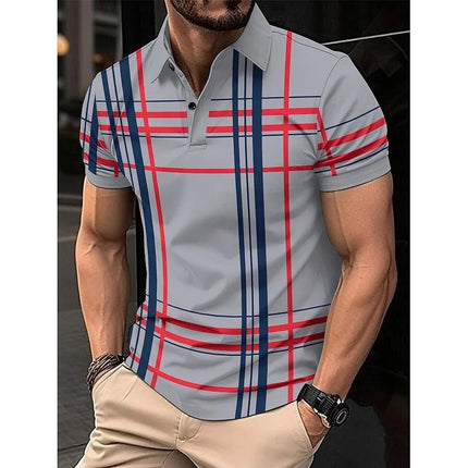 Business Men's Polo Shirt Casual Summer Short Sleeve Top Lines Pattern Printed Buttons Fashionable Golf Shirt