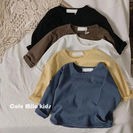 Autumn Winter Boy Girl Children's Solid Long-Sleeved Bottoming Shirt Kid Loose T-shirt Retro Baby Cotton Tops Toddler Casual Tees