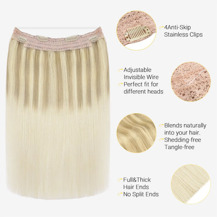 Sunmofavo Wire Halo Hair Extensions Real Human Hair Fish Line with 4 Secure Clips Golden Ombre Gradient for Women Daily Wear