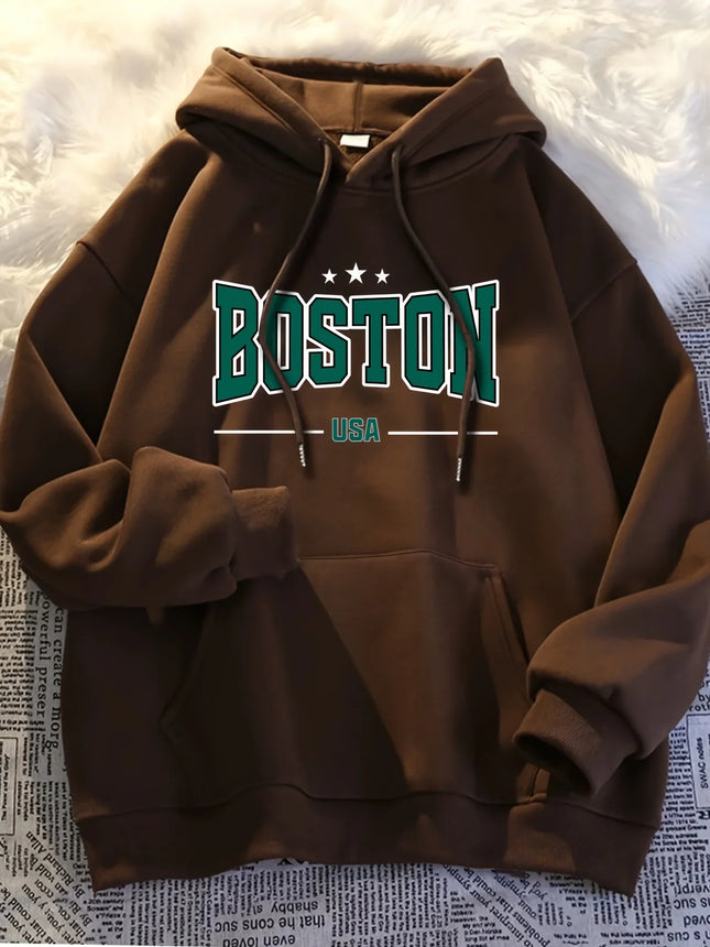 Autumn and winter hooded sweatshirt, BOSTON printed trendy street casual hip-hop fashion, men's and women's clothing