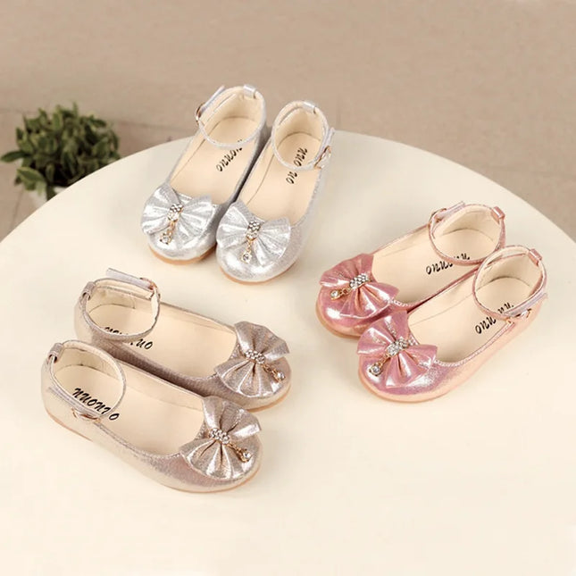 Spring Autumn Kids Leather Shoe Elegant Bowtie Girl Princess Shoes Fashion Casual Wedding Children's Flats Ankle-strap Versatile