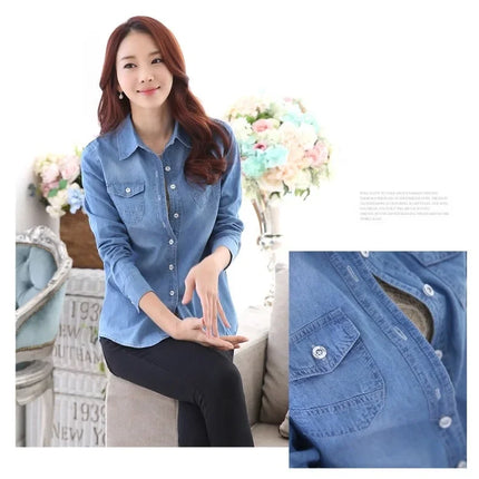 Slim Fit Cotton Denim Shirt Long Sleeve Women's Spring Autumn Summer Student Professional Outerwear Fashionable Casual Top