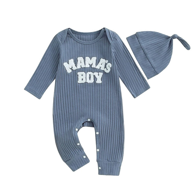 Pudcoco Infant Newborn Baby Boy Bodysuits Letter Embroidered Ribbed Long Sleeve Round Neck Fall Jumpsuits Hat Outfits 0-18M
