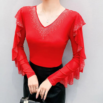 2025 Autumn New Style Mesh Tops Korean Fashion Round Neck Ruffles Shirt Lotus Leaf Edge Hot Diamond Long Sleeve Women T Shirt
