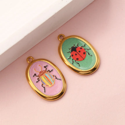 2 Pcs 304 Stainless Steel Insect Charms 18K Gold Plated Oval Printed Ladybug Beetle Pendants For DIY Necklace 28mm X 17.5mm