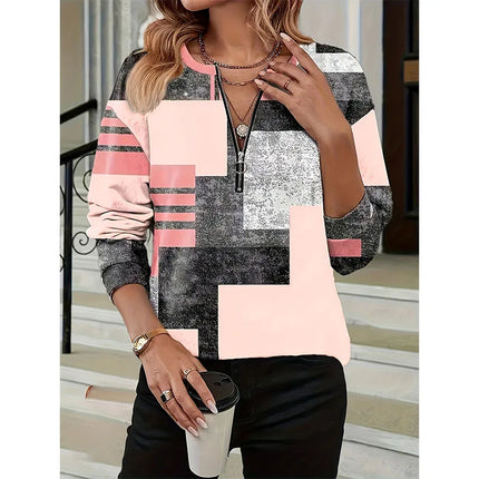 Spring Europe and America Independent Website Round-neck Casual Polo Shirt Geometric Print Top