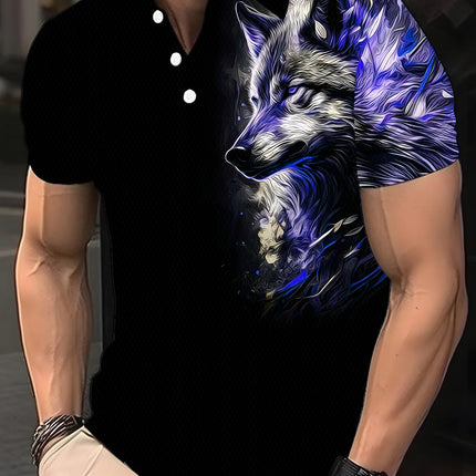Street-style Wolf pattern men's polo shirt, summer T-shirt, short-sleeved animal print hip-hop T-shirt, plus-size casual polo sh
