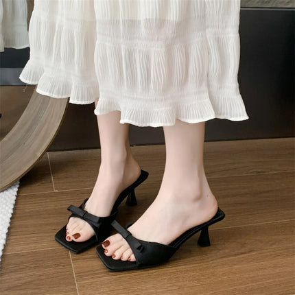Designer Women Square Toe High Heel Slippers Fashion Butterfly-knot Dress Shoes Summer Stripper Mules Slides Zapatos De Mujer