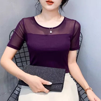Autumn Winter Round Neck T shirt Women Sexy Mesh Bottoming Shirt Long Sleeve Solid Color Slim Fit Long Sleeve Casual Tops