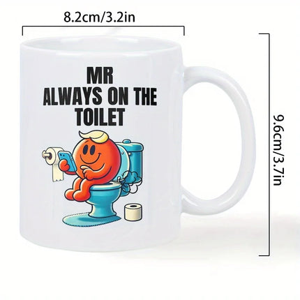 Funny "Mr. Always Going to the Toilet" 11 oz Ceramic Mug - Novelty Coffee Mug with Orange Character Design, Hand Washable