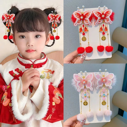 New Year Chinese-Style Hair Accessories Collection,Butterfly/Flower/Fan Designs with Fur Balls,Festive Clips for New Year Outfit
