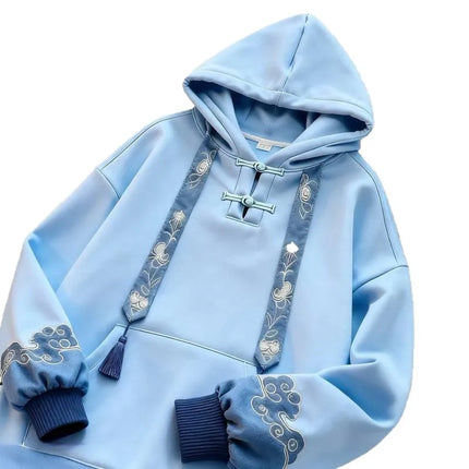 New Chinese Style Hooded Embroidered Fleece Women's Sweatshirt Slimming Loose Fit Comfortable Long Sleeve Polyester Casual St...