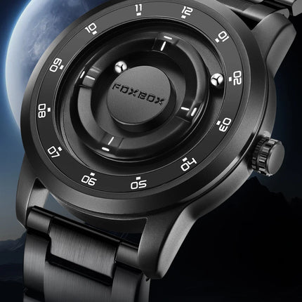 FOXBOX Watch Planet Design Fashion Floating Magnetic Pointer Free Ball Bearing Creative Simple Waterproof Quartz Watch for Men
