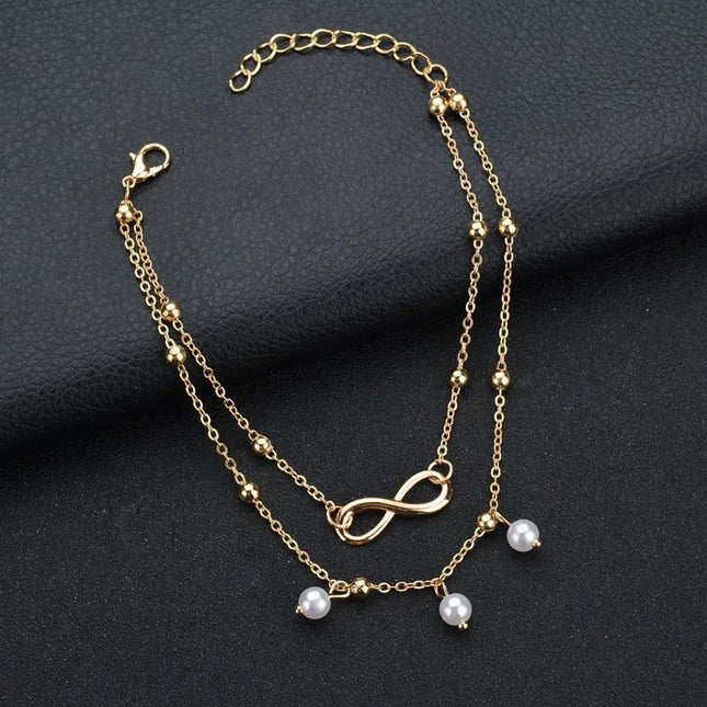 Trendy Gold Color Simple Infinity Symbol Bead Chain Anklets for Women Beach Foot Jewelry Leg Chain 8 Word Ankle Bracelets Jewelr