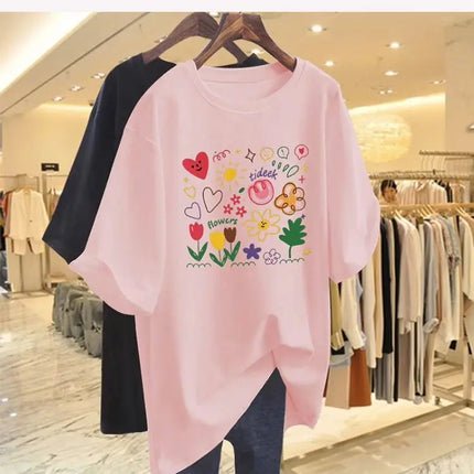 Women Clothing Chic Hand-painted Printing Basic T-shirt Summer Fashion Pure Cotton Round Neck Short Sleeve Tees Casual Loose Top