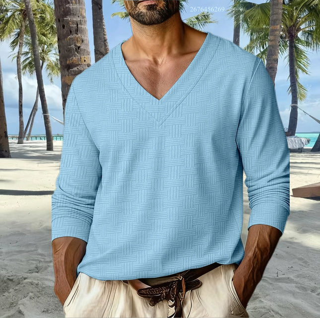 Men's V-neck casual sporty drop shoulder sleeve T-shirt, comfortable and stylish long sleeve T-shirt for everyday wear and vacat