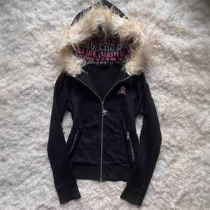 Gothic Style Zipper Hoodie Women's Long Sleeve Cardigan Printed Letter Fur Collar Design Street Trend Polyester Fabric Coat
