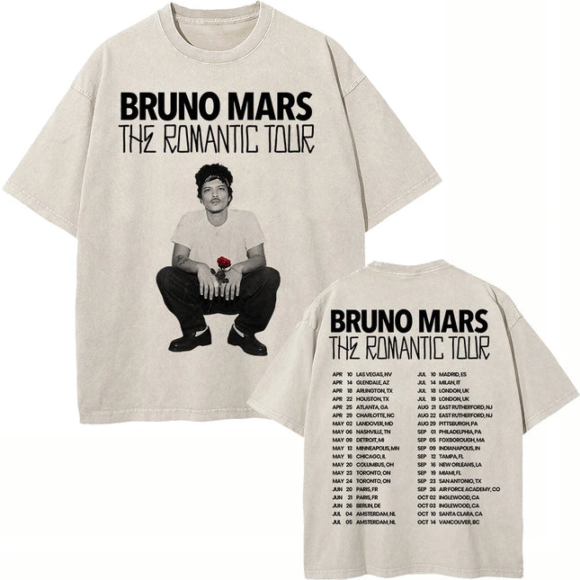 100% Cotton Vintage Washed Bruno Mars The Romantic Tour 2026 T Shirt Fashion Men Aesthetic Oversized Loose Acid Wash Tees Shirts