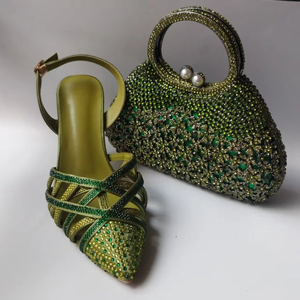INSIGHTLINK Luxury Olive Green Rhinestones Women's Shoe and Bag Set for Party Wedding Crystals Heeled Pumps and Handbag Sandals