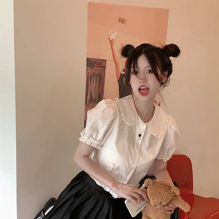 White Doll Collar Bubble Sleeve Shirt Women's Summer 2025 New Design Sweet Short Style Top Polyester Fabric Pure Color Fresh...