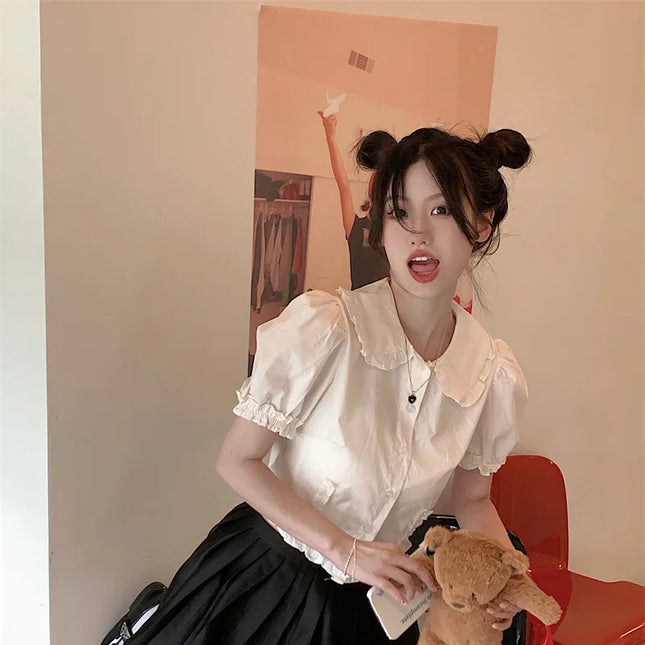 White Doll Collar Bubble Sleeve Shirt Women's Summer 2025 New Design Sweet Short Style Top Polyester Fabric Pure Color Fresh...
