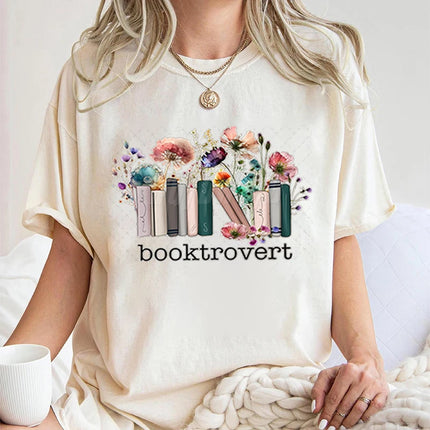 Booktrovert Fashion Casual T-shirts Funny Book Lover Summer Short Sleeve Tee Trendy Vintage Bookish Flower Classic Tops Clothes