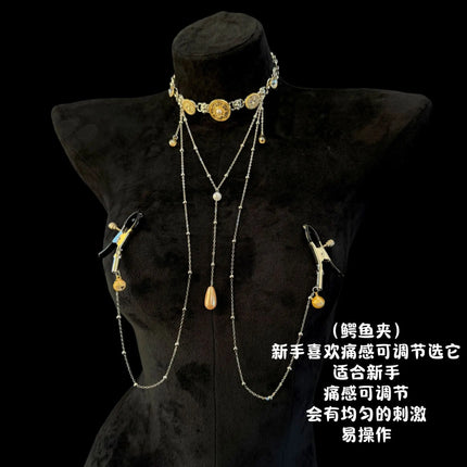 Body Chain Nipple Clamp Collar with Integrated Nipple Rings with Bells for Nipple Massage SM Stimulation Female Body Decoration