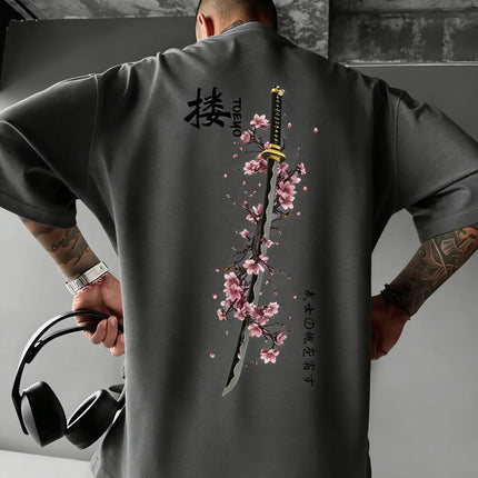 Summer Men's Japanese Samurai Sword Cherry Blossom Print T-Shirt 100% Cotton Round Neck Short Sleeve Breathable Loose Casual