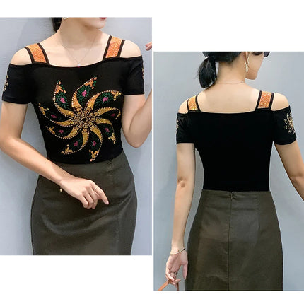 New Summer European Clothes Women's T-Shirts Luxury Butterfly Hot Diamonds Tees Sexy Streetwear Off-Shoulder Tops Shirt