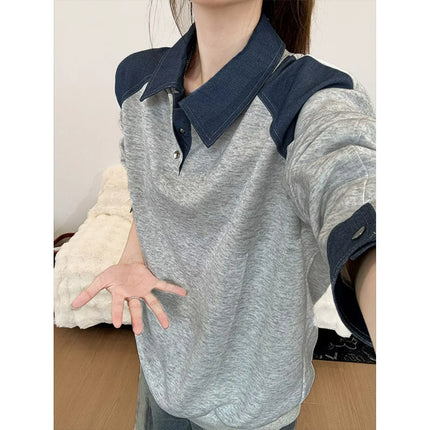 Relaxing lapel patchwork hoodie polo shirt for men in autumn, stylish and stylish design, long sleeved top, base shirt
