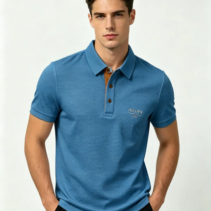 Mens Milano Italia Letter Jacquard Polo Shirt Breathable Quick Dry Fabric Casual Business Outdoor Daily Short Sleeve Top