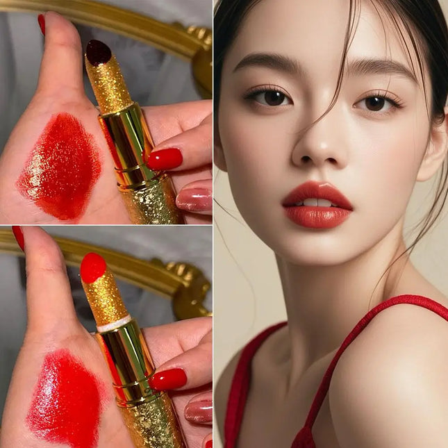 Golden Sparkling Lipstick Moisturizing Glitter Shine, Long Lasting Tomato Red Lip Gloss Makeup Cosmetics