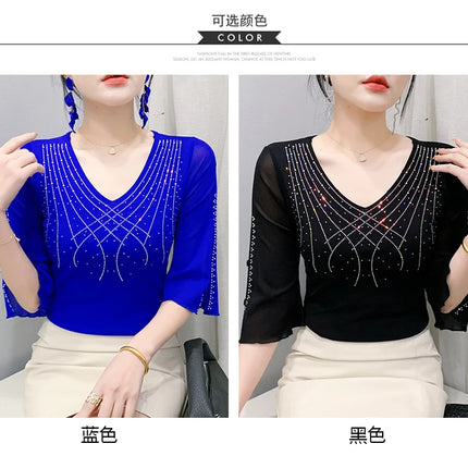 2025 Spring Summer Mesh Tops Korean Fashion Diamond T Shirt Slim 3/4 Sleeve Hollow Out Casual Women Shirt