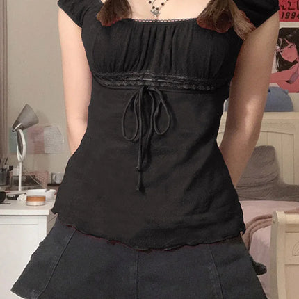 2000s Aesthetic Sweet Lace Tops Women Off Shoulder Drawstring T-shirt Korean Fashion Female Tee Fairy Grunge Streetwear